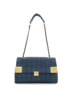 Chanel 2.55 Choco Bar Chain Shoulder Bag Canvas Leather Blue Navy Gold